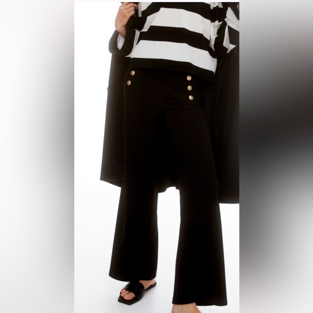 Gold Button detail black trouser wide leg pant